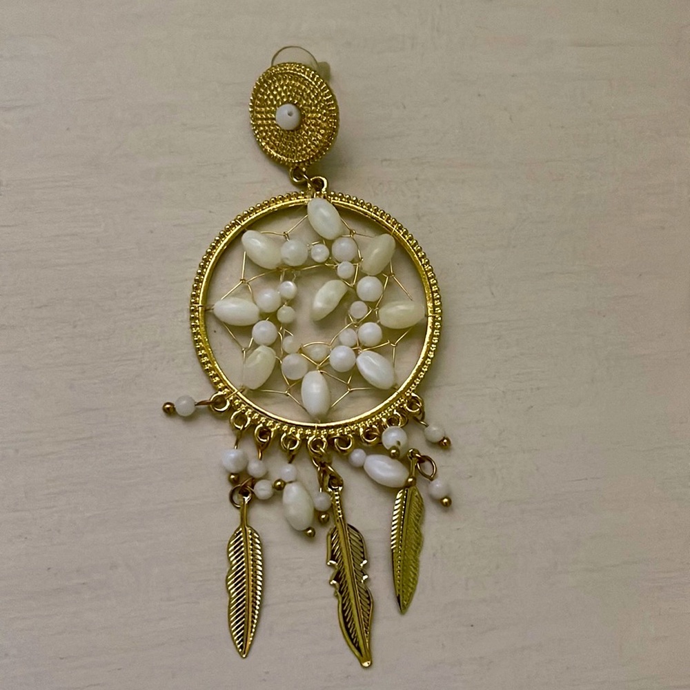 White and gold dream catcher earrings